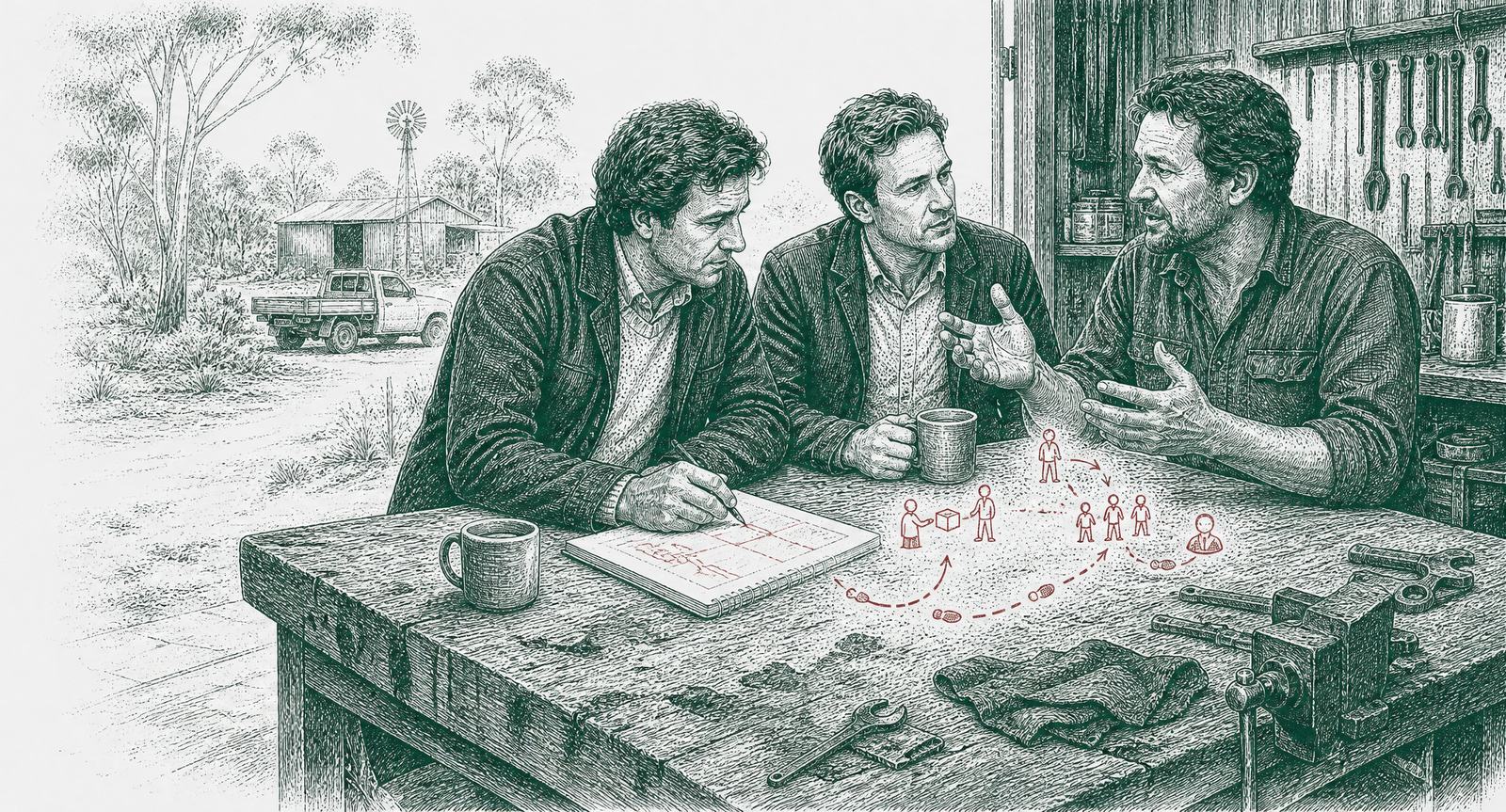 Two developers listening to a business owner at a workshop bench, sketching his process as simple red diagrams