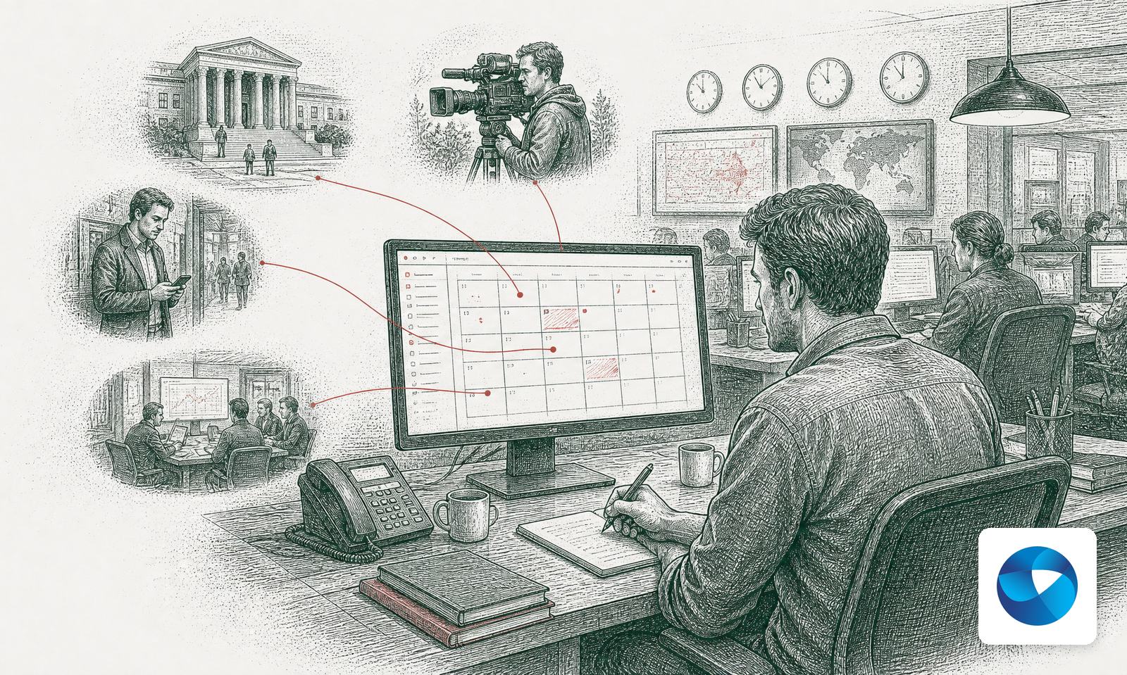 A newsroom planner assigning coverage on a calendar screen, linked in red to a courthouse, a camera crew and a reporter on the move, with the AAP logo