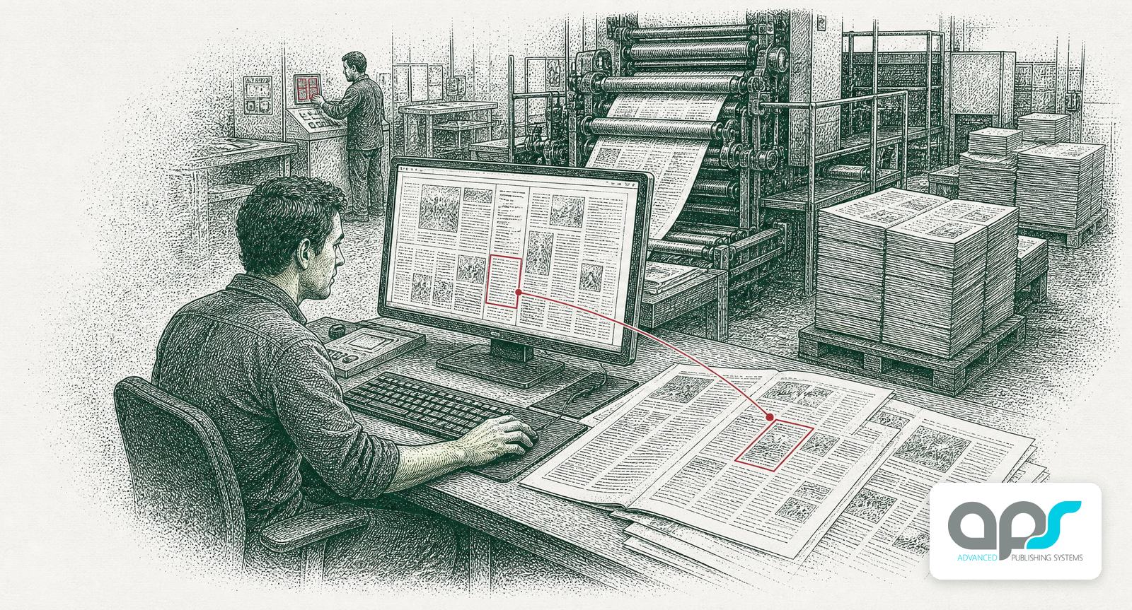 A pre-press operator at a page layout screen with one advert placement flagged in red, printed proofs on the desk and a press behind, with the Advanced Publishing Systems logo