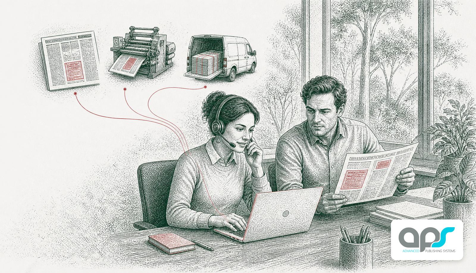 An advertising salesperson on a headset booking an advert on a laptop, linked in red to a page layout, a printing press and a delivery van, with the Advanced Publishing Systems logo