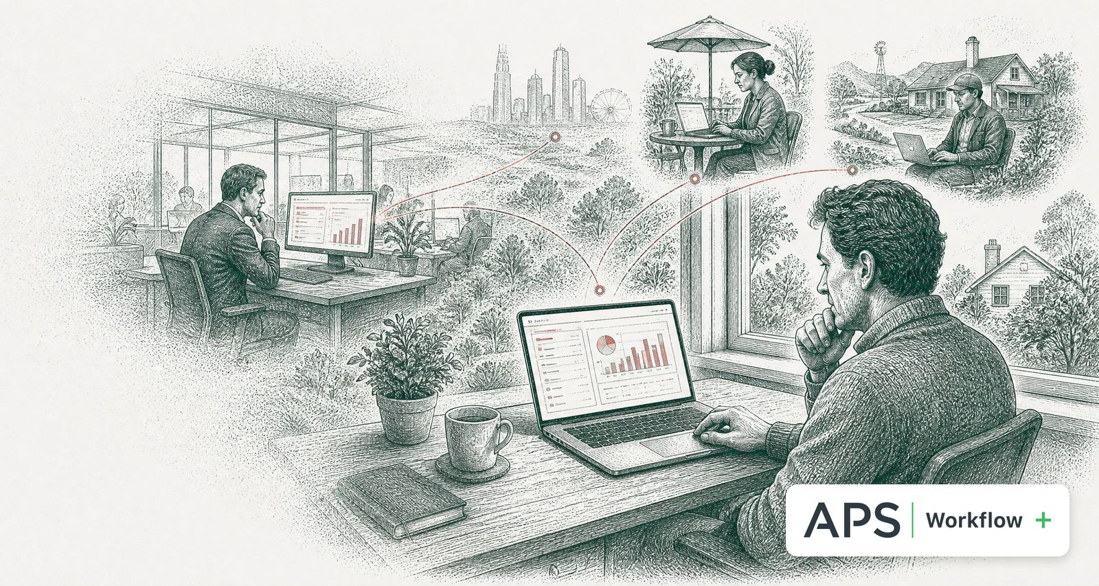 An accountant working from home and a colleague in a city office sharing the same job view, linked in red to staff in other places, with the APS Workflow Plus logo