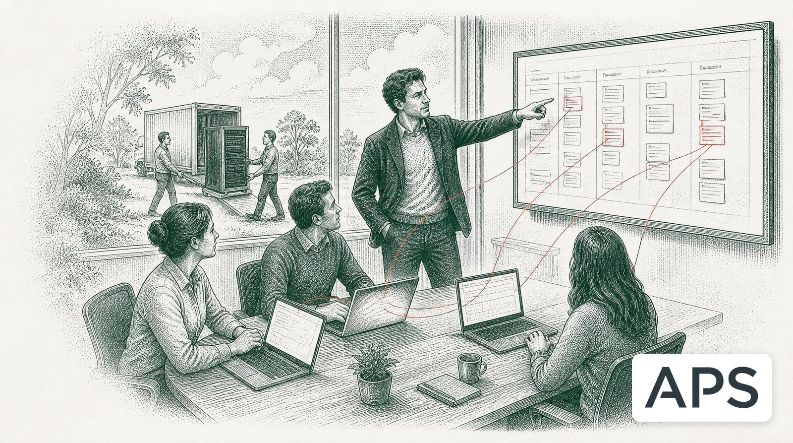 A manager pointing at a week of tasks on a wall screen while the team works on laptops, as an old server is carried out, with the APS logo