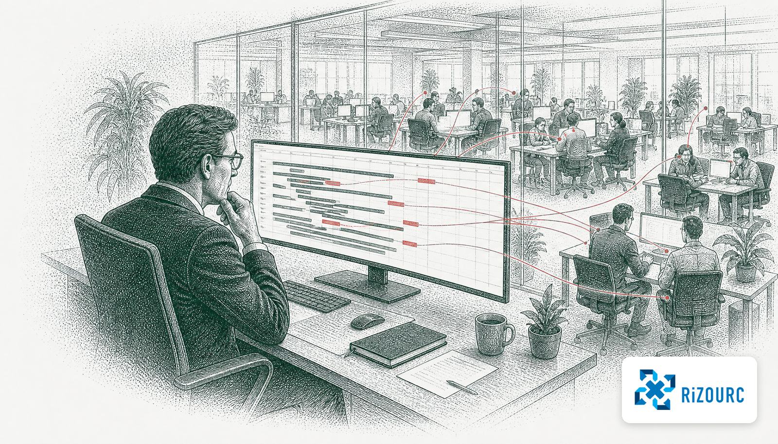 A portfolio manager reading a resource allocation grid across many projects, with over-allocated people marked in red on the floor beyond, with the client logo