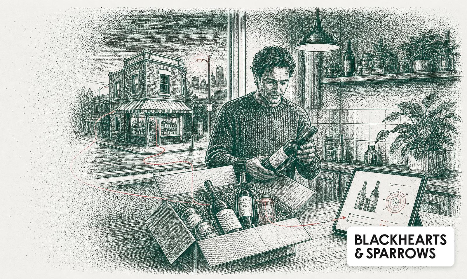 A member unpacking a subscription box of wine, beer and spirits at home, a tablet showing the selection and a corner bottle shop outside, with the Blackhearts & Sparrows logo