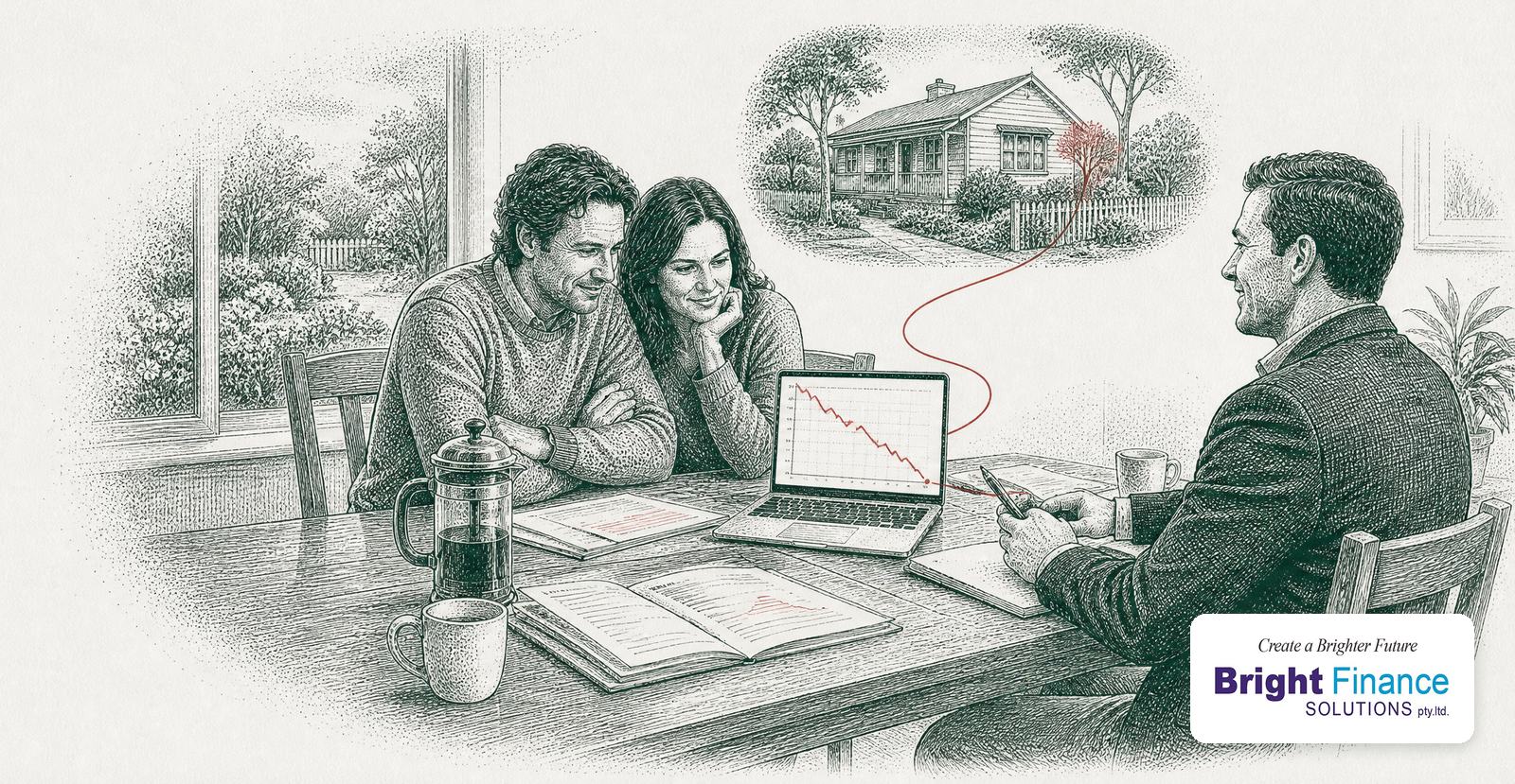 A couple watching their home loan balance fall on a laptop graph, drawn in red, while their adviser looks on, with the Bright Finance logo