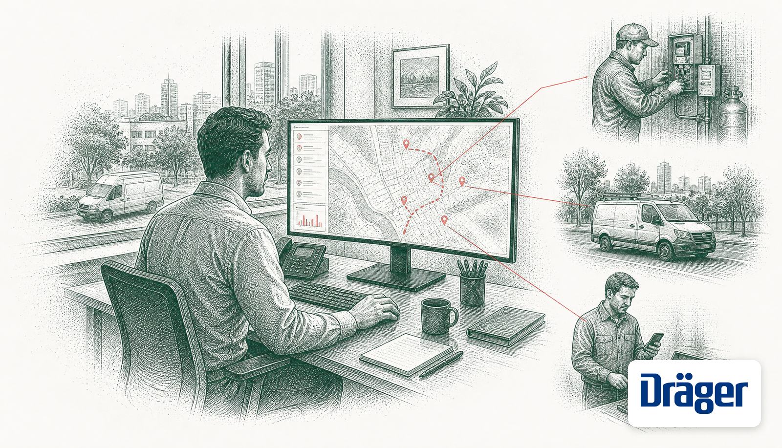 A field-service coordinator at a live map of technicians and jobs, linked in red to a technician servicing equipment, a service van and a parts order, with the Dräger logo