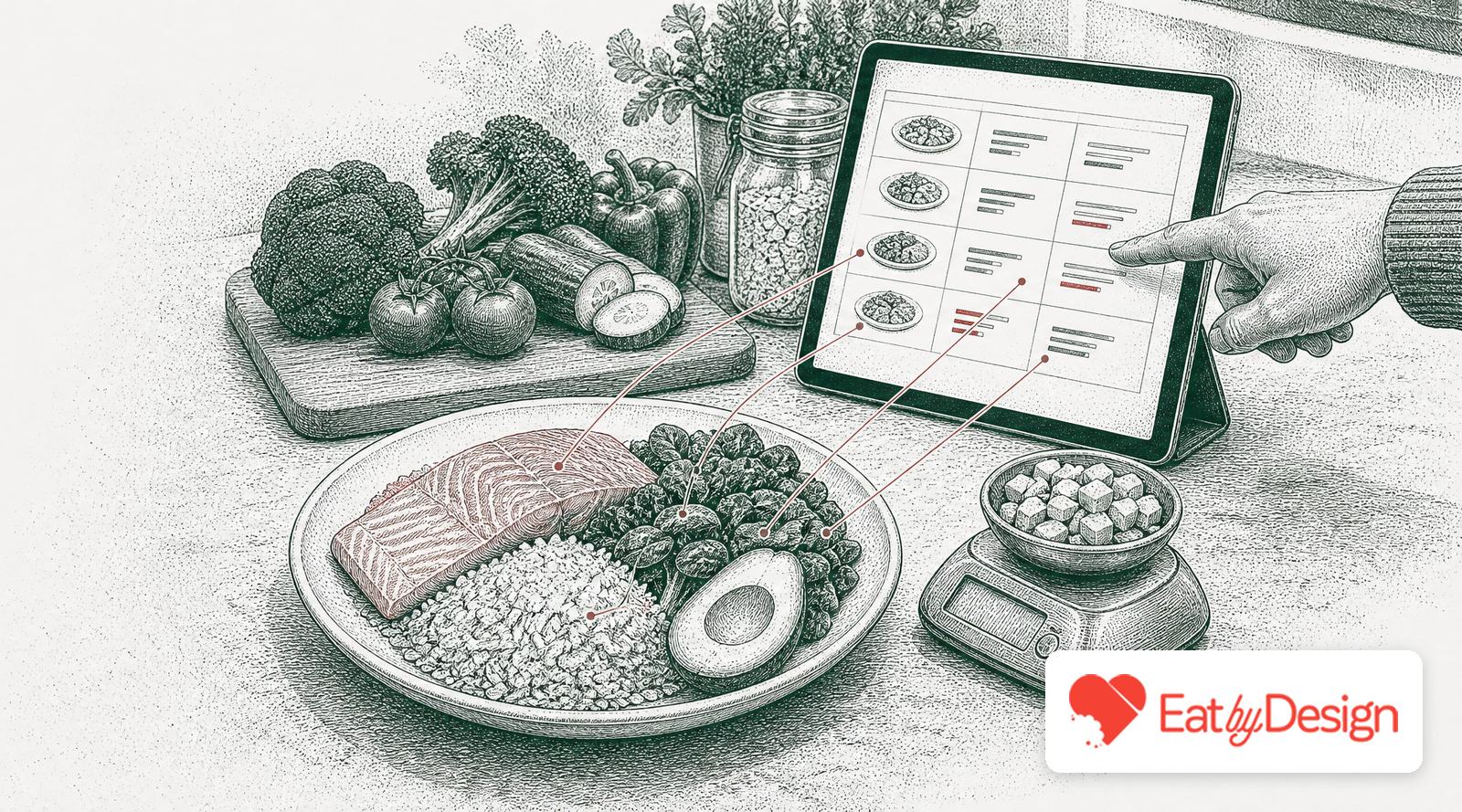A plate of measured ingredients beside a tablet meal plan with nutrient bars, linked in red to the food, with the Eat By Design logo