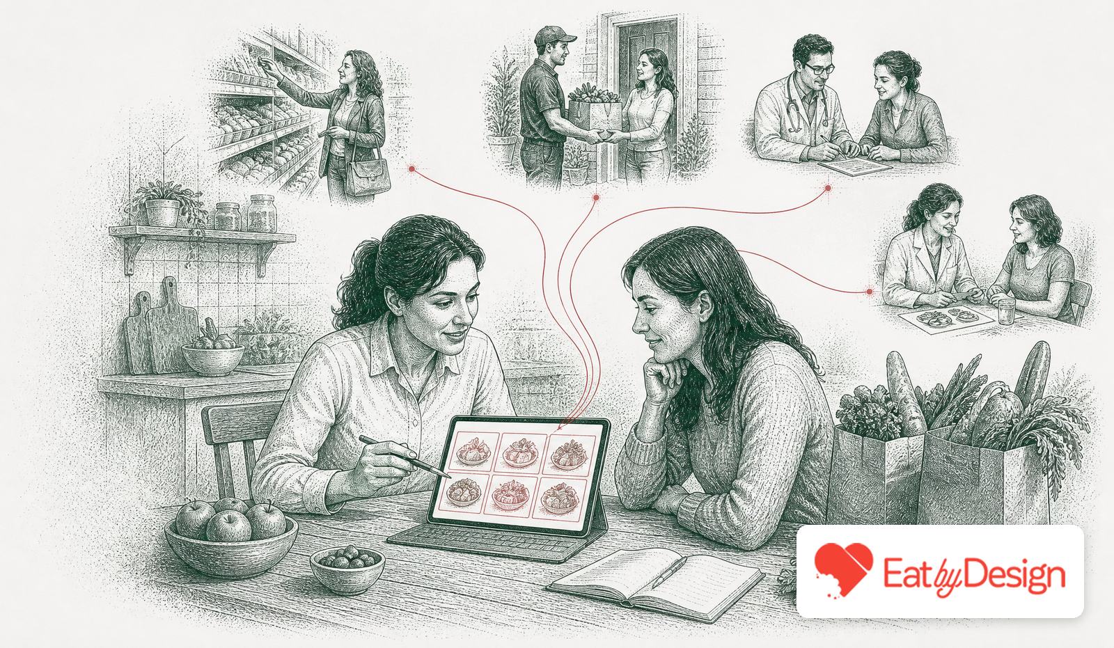A nutritionist and client with a tablet meal plan at a kitchen table, linked in red to a supermarket, a grocery delivery and other practitioners, with the Eat By Design logo