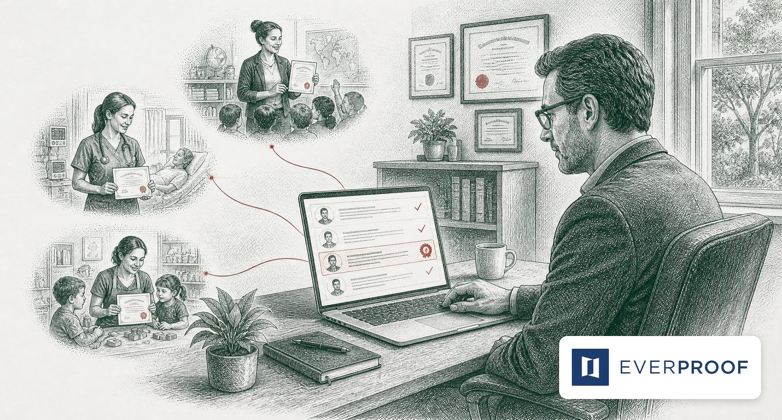 A school administrator checking staff credentials on a laptop, linked in red to a teacher, a nurse and a childcare worker holding verified certificates, with the Everproof logo