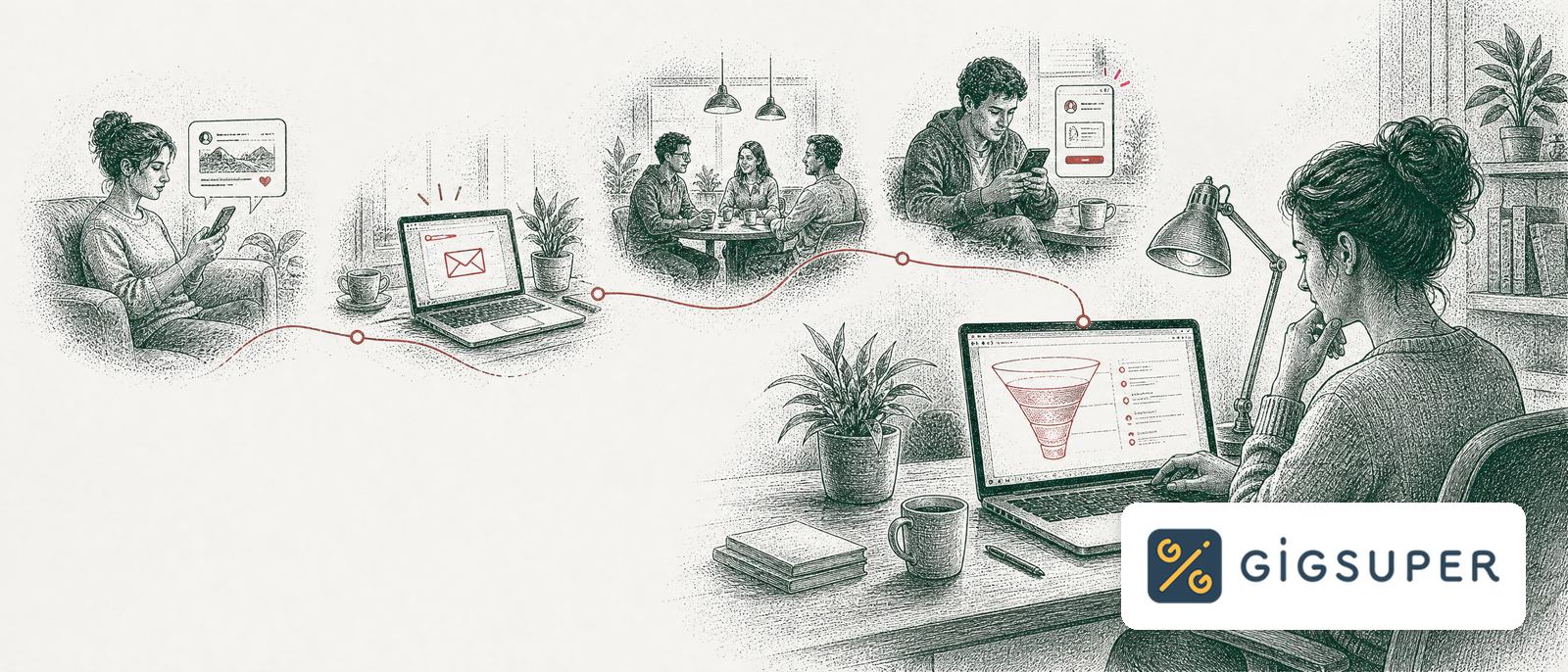 A marketer reading a customer journey funnel on a laptop, one red line tracing the path from a social post, email, meetup and app, with the GigSuper logo