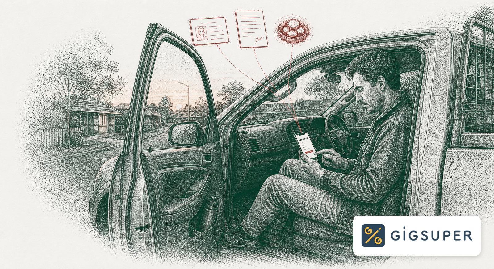 A tradesperson in a ute finishing a super sign-up on a phone at dusk, linked in red to an ID card, a form and savings, with the GigSuper logo