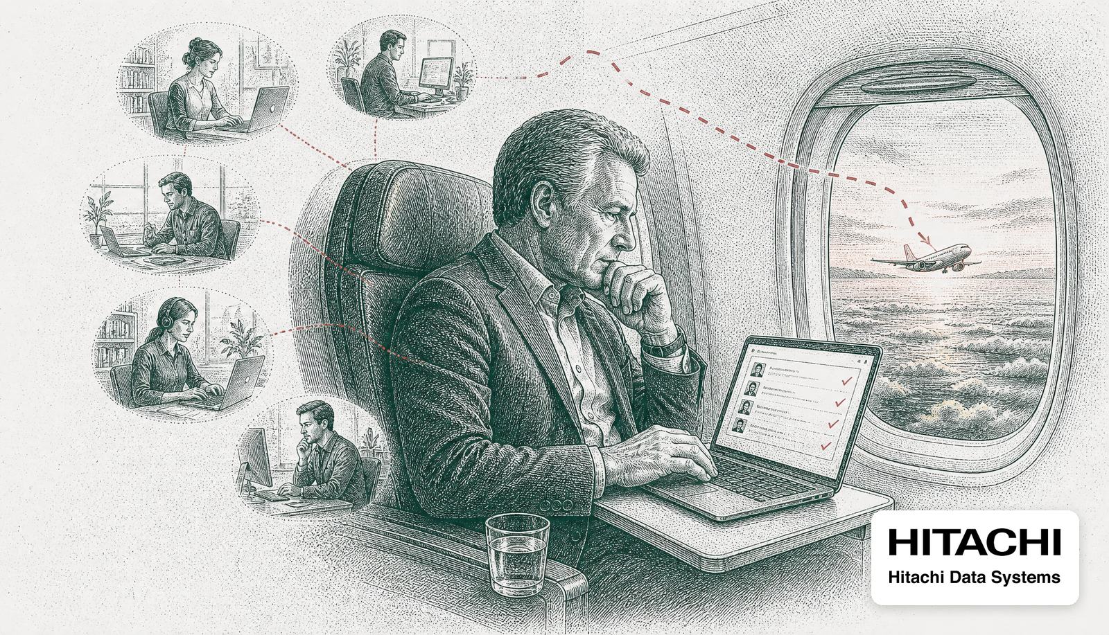 An executive completing staff reviews on a laptop in a plane window seat, the red connection to colleagues paused until landing, with the Hitachi Data Systems logo