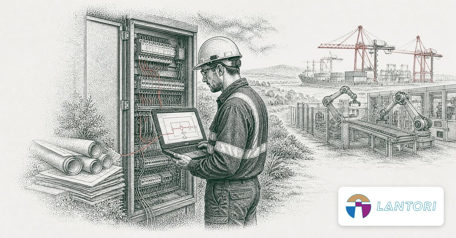 An industrial electrician tracing a fault in red on a laptop wiring diagram beside an open control cabinet, port cranes behind, with the Lantori logo