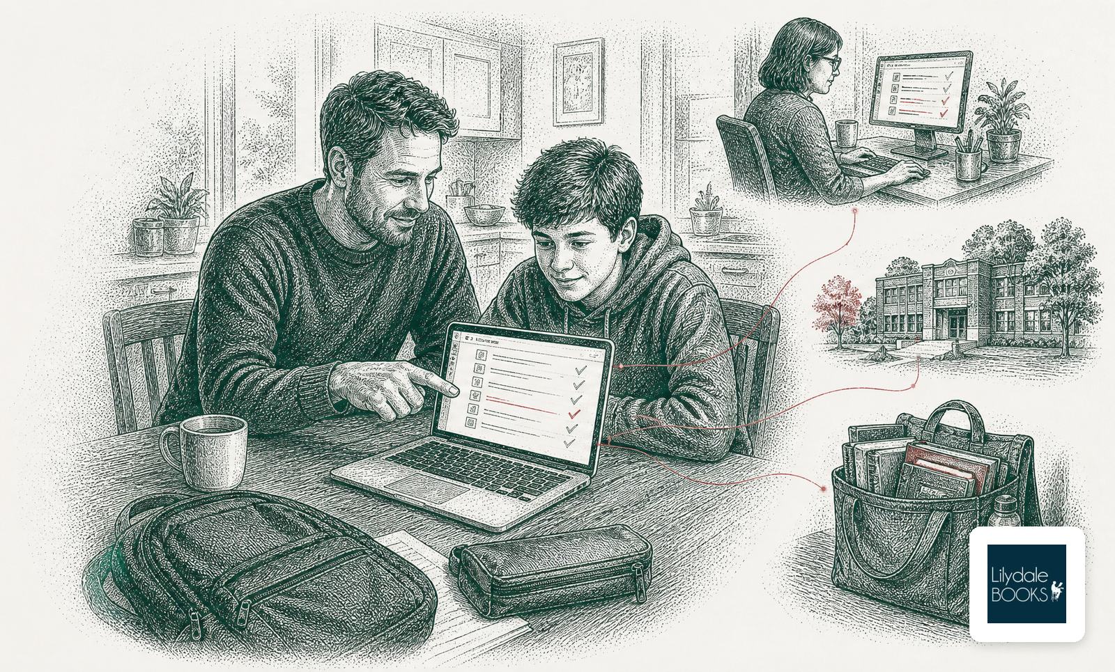 A parent and teenager confirming a school booklist on a laptop, linked in red to a teacher, a school and a packed bag of books, with the Lilydale Books logo