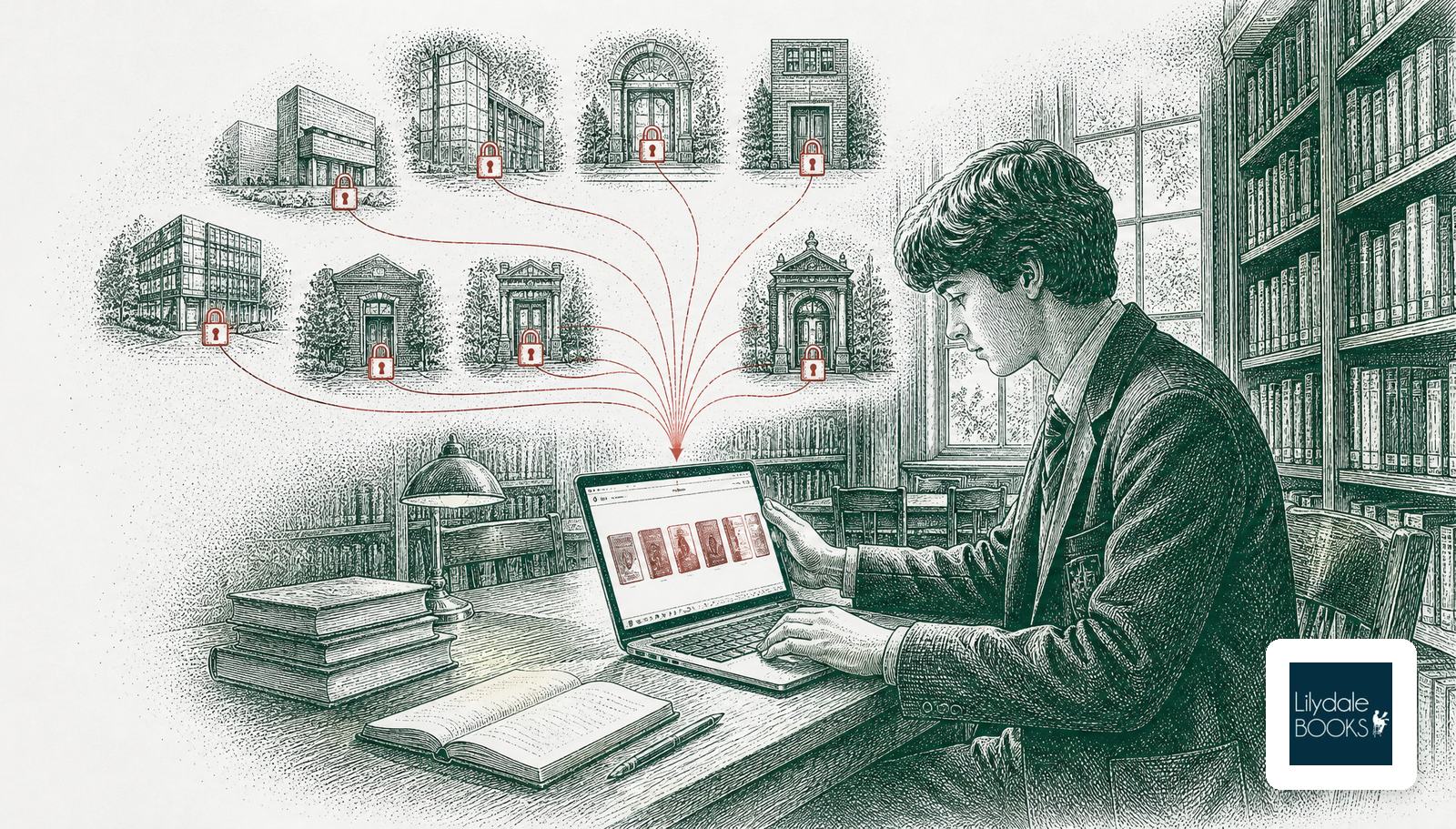 A student in a school library opening one ebook shelf on a laptop, eight red lines from eight publishers converging into it, with the Lilydale Books logo