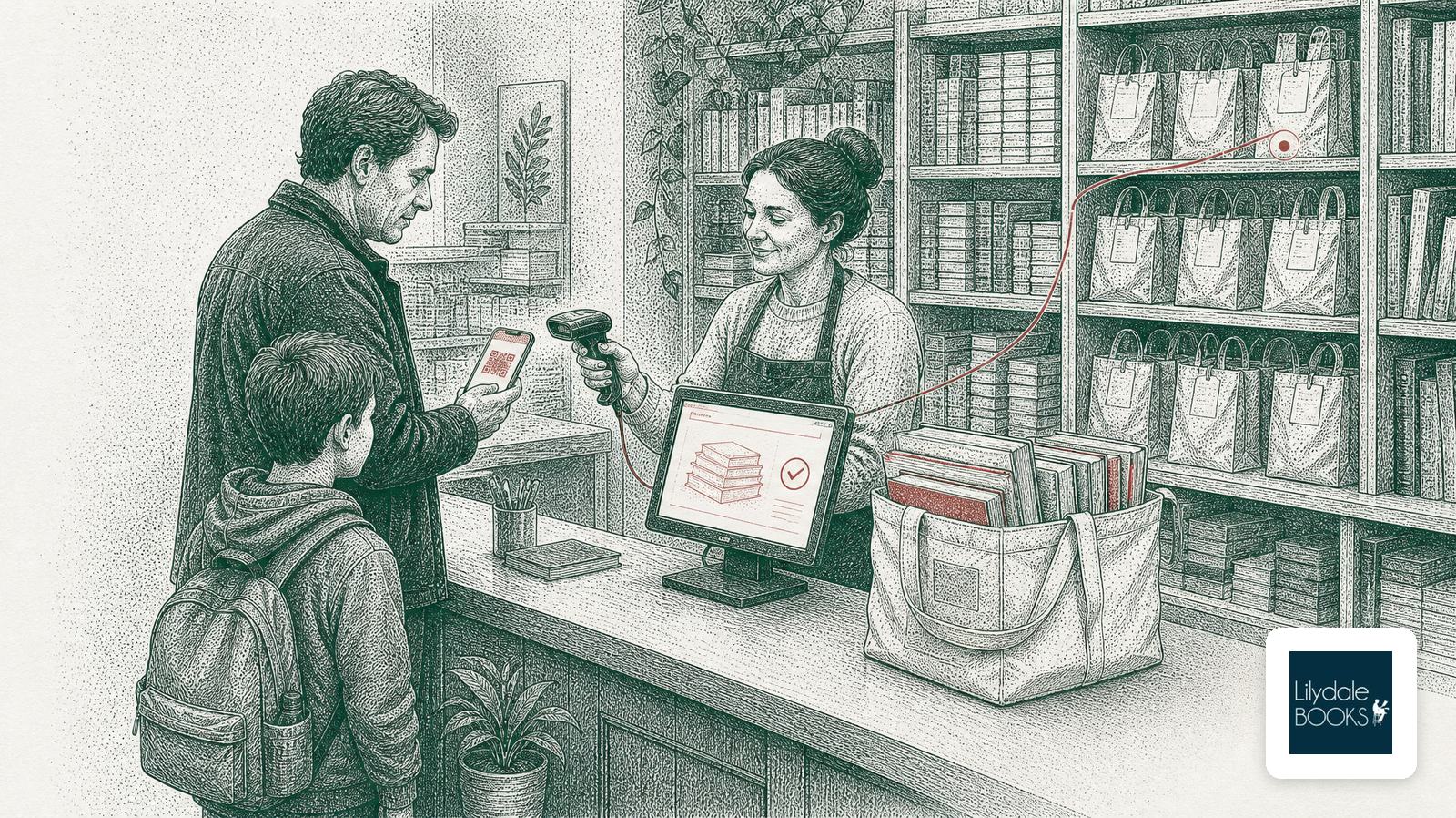 A bookshop staff member scanning a parent's QR code at the counter as a packed order of school books waits, with the Lilydale Books logo