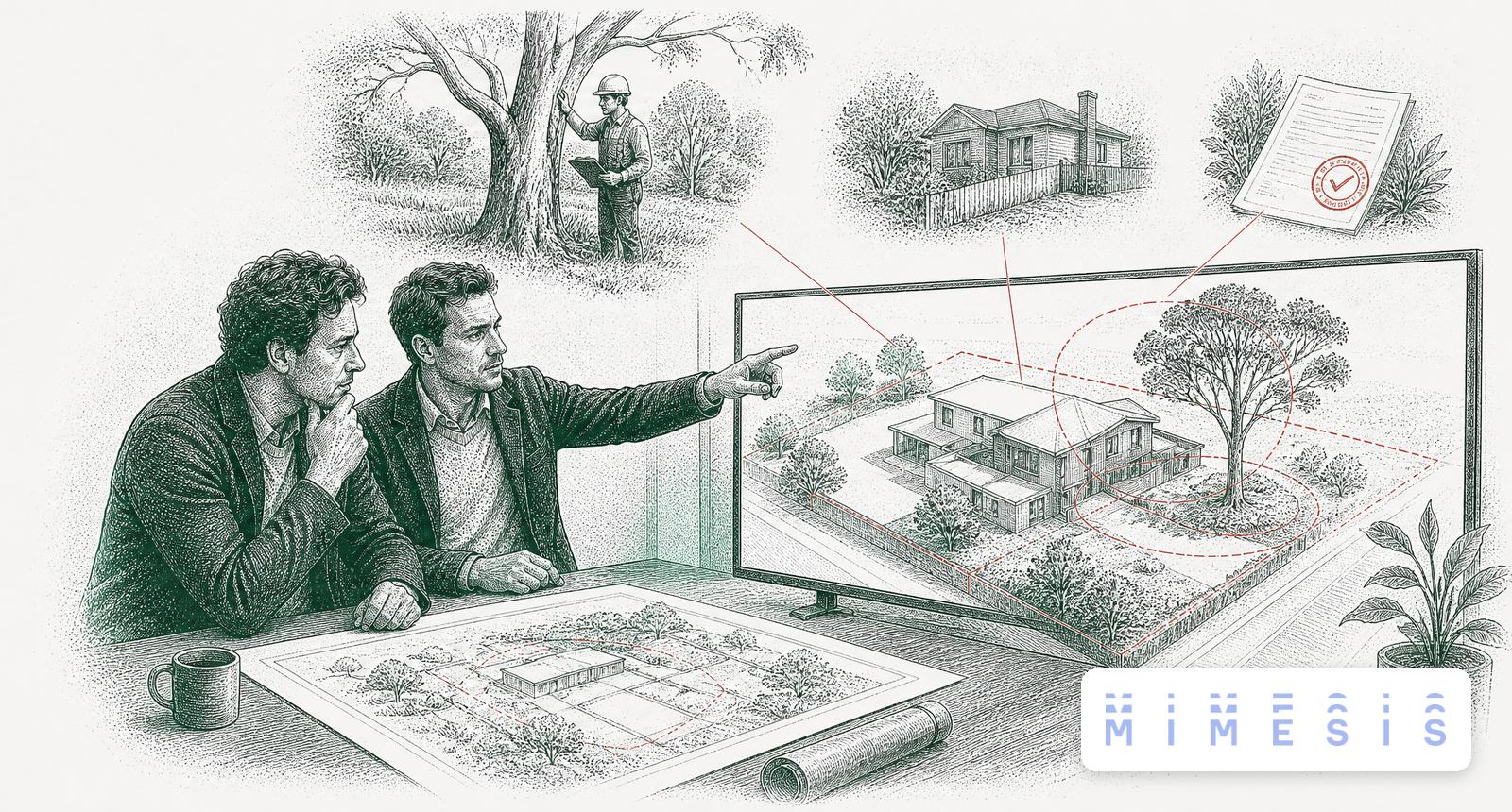 A planner and an architect reviewing a 3D house model on its site, linked in red to an arborist, a neighbouring house and an approval, with the Mimesis logo
