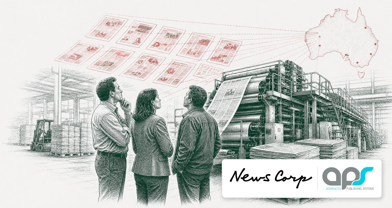 A newspaper press hall with a red digital twin of every edition linked to a map of Australia, with the News Corp and APS logos