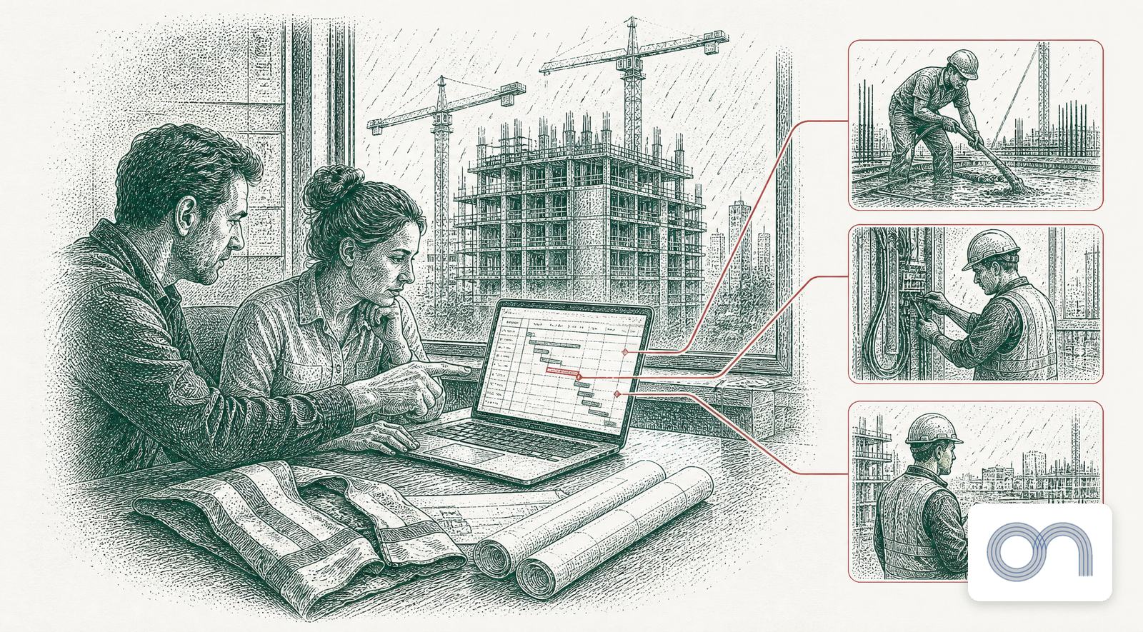 Two people testing a project schedule on a laptop in a site office, a high-rise and cranes outside, linked in red to subcontractors, with the OneTrack logo