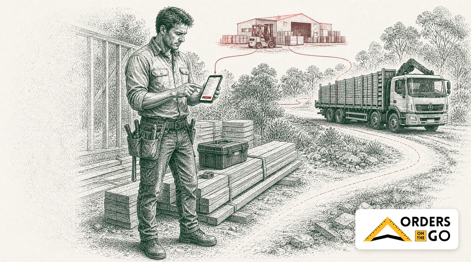 A tradesperson ordering materials on a phone at a building site, linked in red to a supplier's yard and a delivery truck arriving, with the Orders on the Go logo