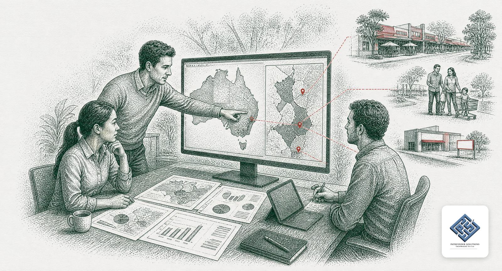 A retail team at a drillable map of Australia with candidate store sites pinned in red, linked to a shopping strip, a family and a new site, with the Pathfinder logo