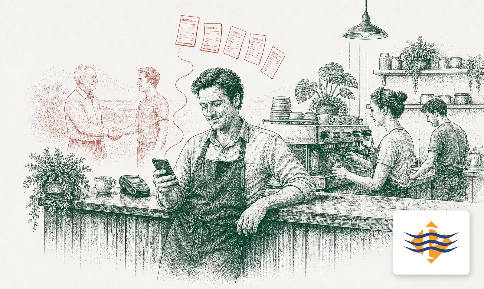 A café owner approving the pay run on his phone while staff work behind him, with the Payrite logo