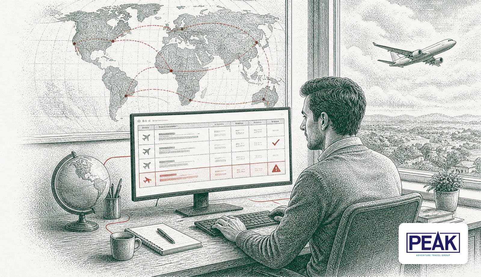 A travel consultant validating airfares on screen, with red flight arcs on a world map and a plane outside, with the PEAK logo