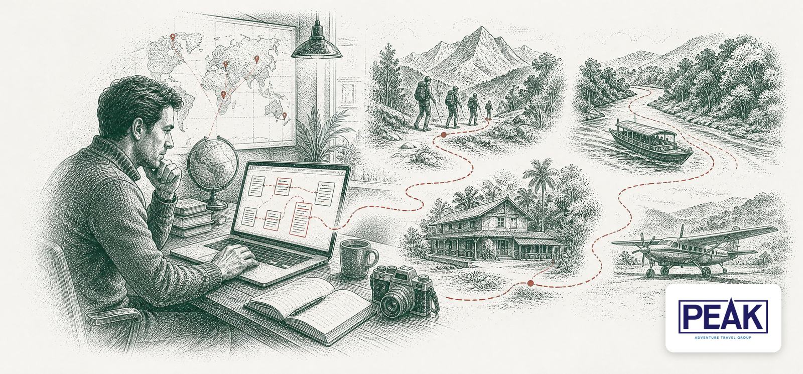 A travel planner assembling a tour on a laptop, a red route running through mountains, a river boat, a guesthouse and a small plane, with the PEAK logo