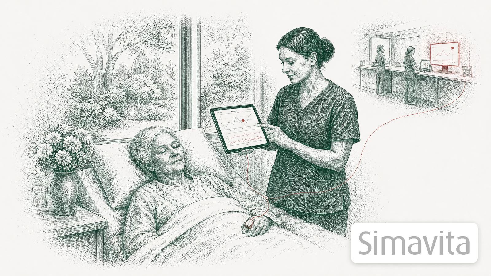 A carer checking a tablet at an aged care resident's bedside, linked in red from a sensor to the nurses' station, with the Simavita logo