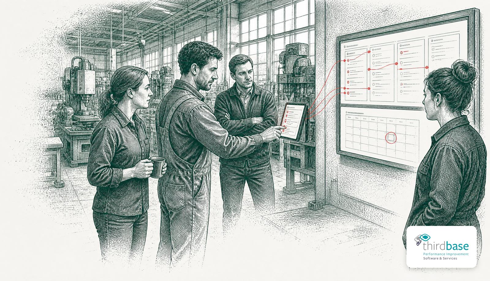 A factory team adding an observation at an improvement board, linked in red to a screen of collated suggestions and scheduled reviews, with the Thirdbase logo