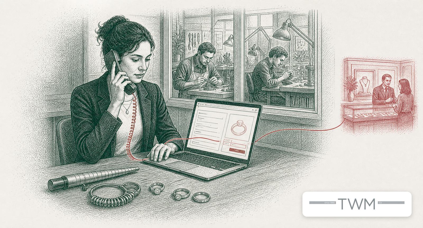 An office staff member taking a jeweller's call and producing a quote on a laptop, ring tools on the desk and jewellers in the workshop behind, with the Tool World logo