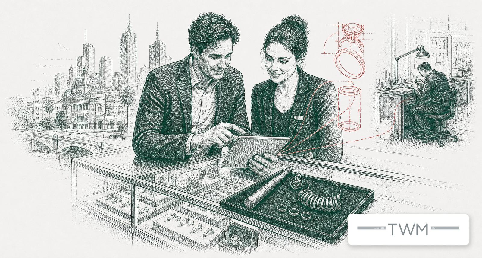A jeweller and customer quoting a ring on a tablet at a Melbourne shop counter, with the Tool World logo