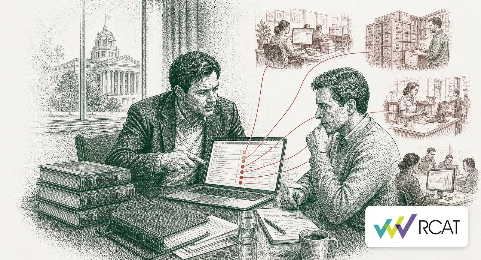 A compliance consultant and a department head reviewing a risk report on a laptop, red rows linked to payroll, records and finance teams, with the Votar RCAT logo