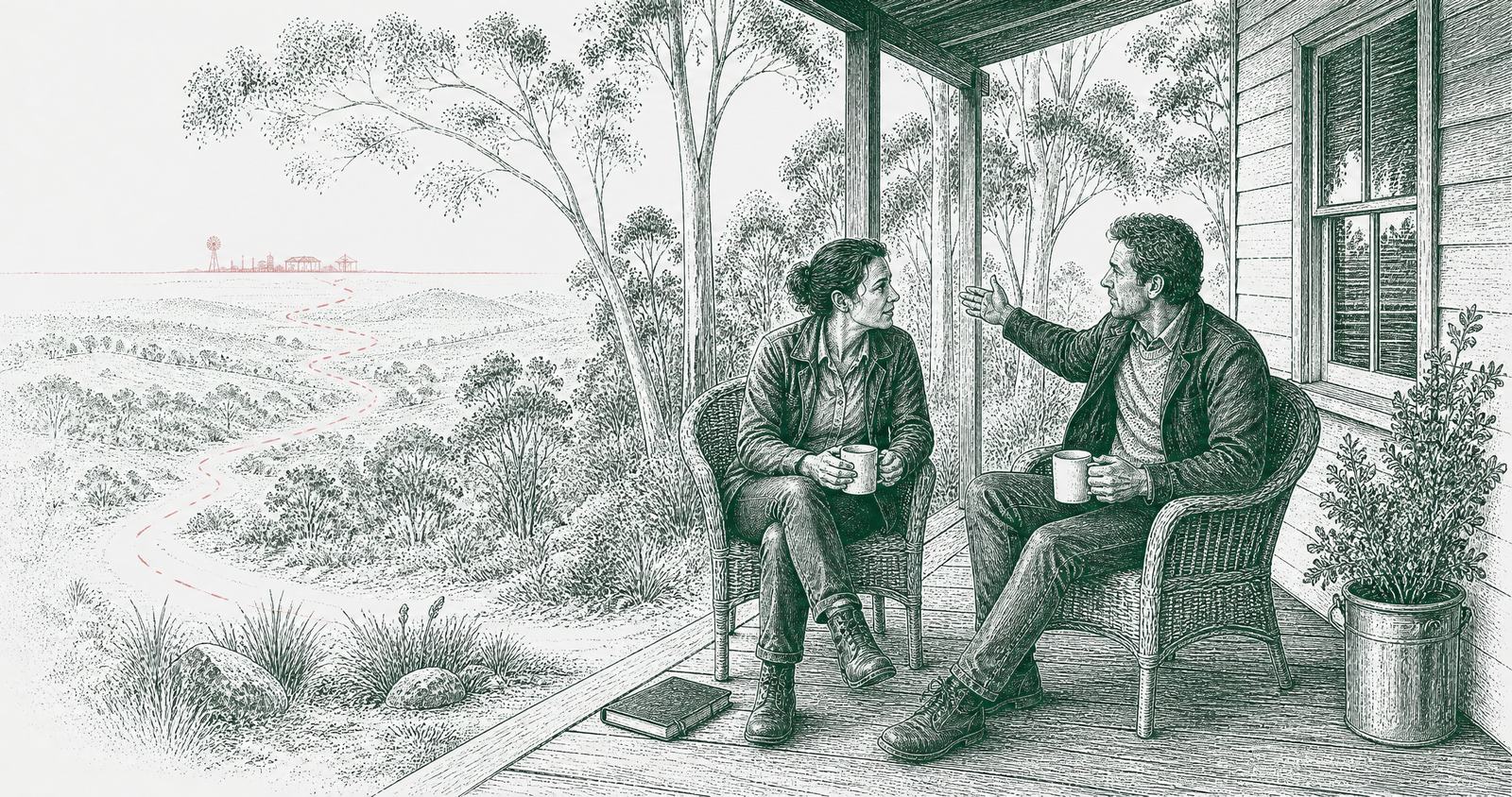 Two people talking over tea on a country verandah, one listening closely