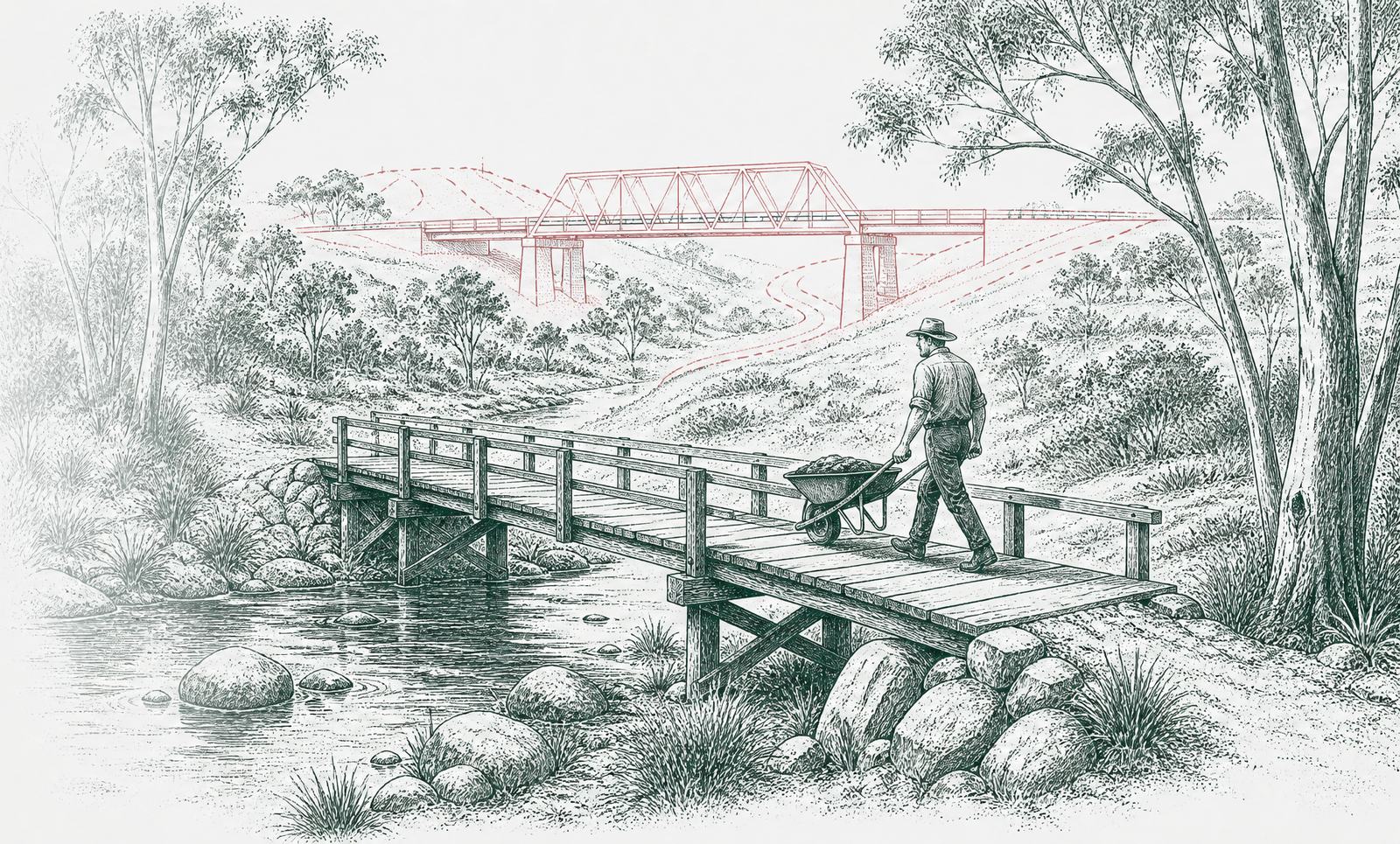 A farmer crossing a newly built timber footbridge over a creek, with a larger road bridge outlined in red beyond it
