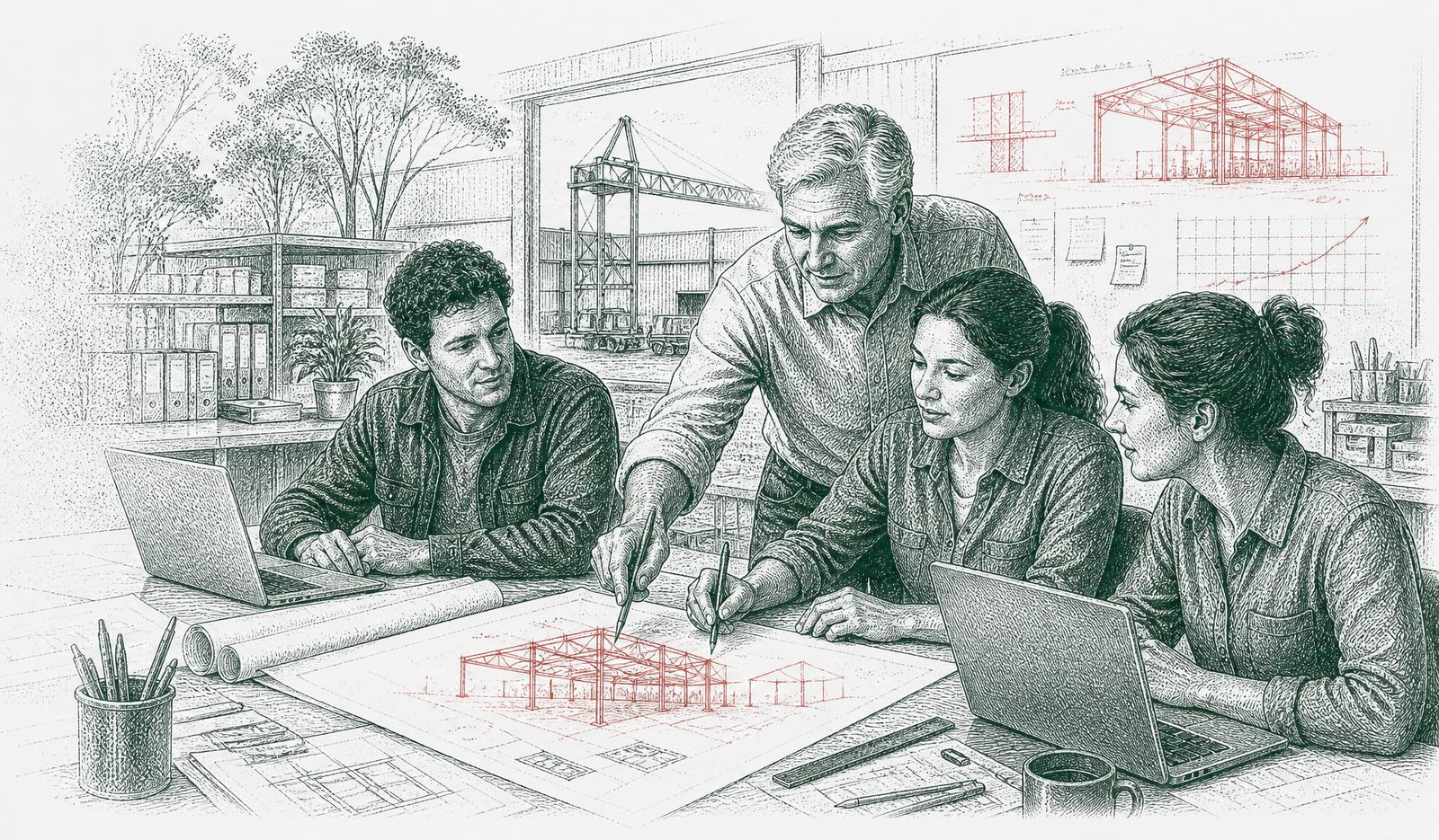A senior engineer working shoulder to shoulder with a younger in-house team at a shared bench