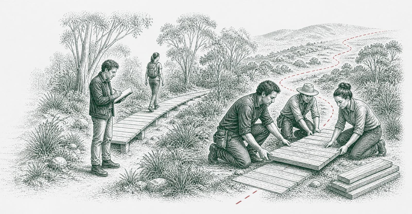 A team mapping, building and extending a boardwalk through Australian bush, the path ahead drawn as a red dashed line
