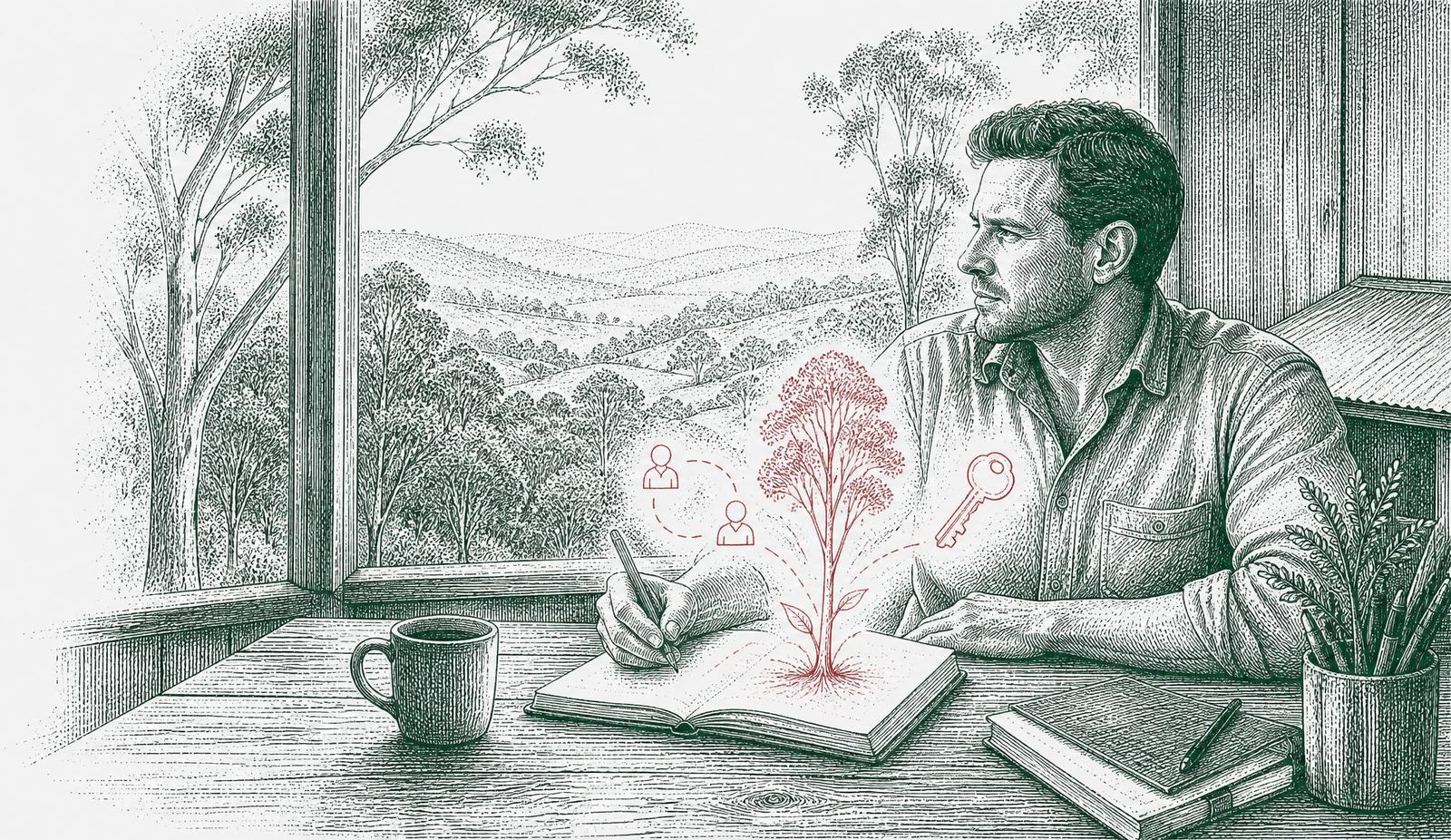 A business owner reading by a window over the hills, ideas rising from the notebook as red sketches
