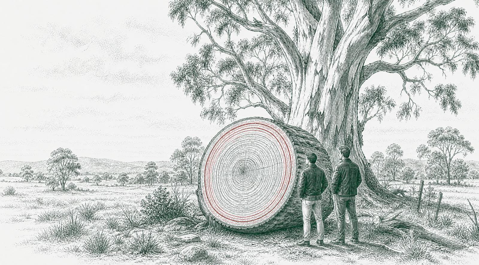 A river red gum beside a cut trunk section whose growth rings are traced in red