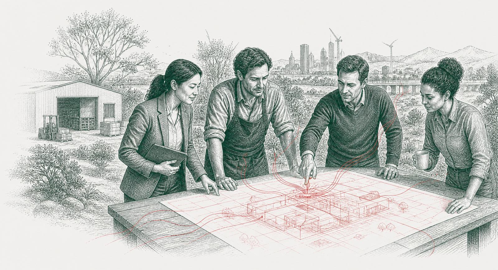 A mixed team around one table reading the same living blueprint, drawn in red