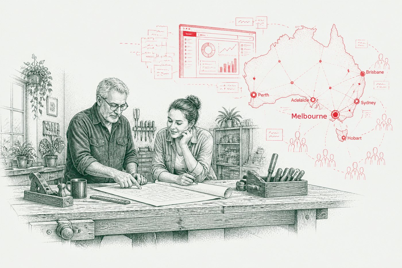 Ink illustration: a specialist reviewing plans with his daughter at a workbench, a red sketch of their product and customer network across Australia rising from the plans