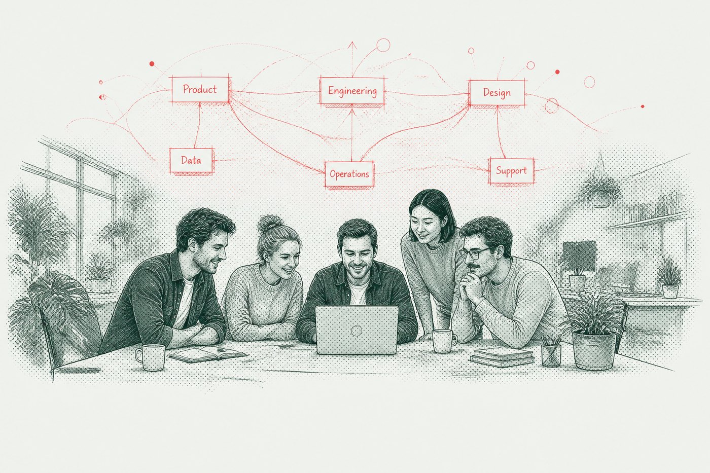 Ink illustration: a Melbourne team around a laptop as a build goes live, departments linking together sketched in red above them