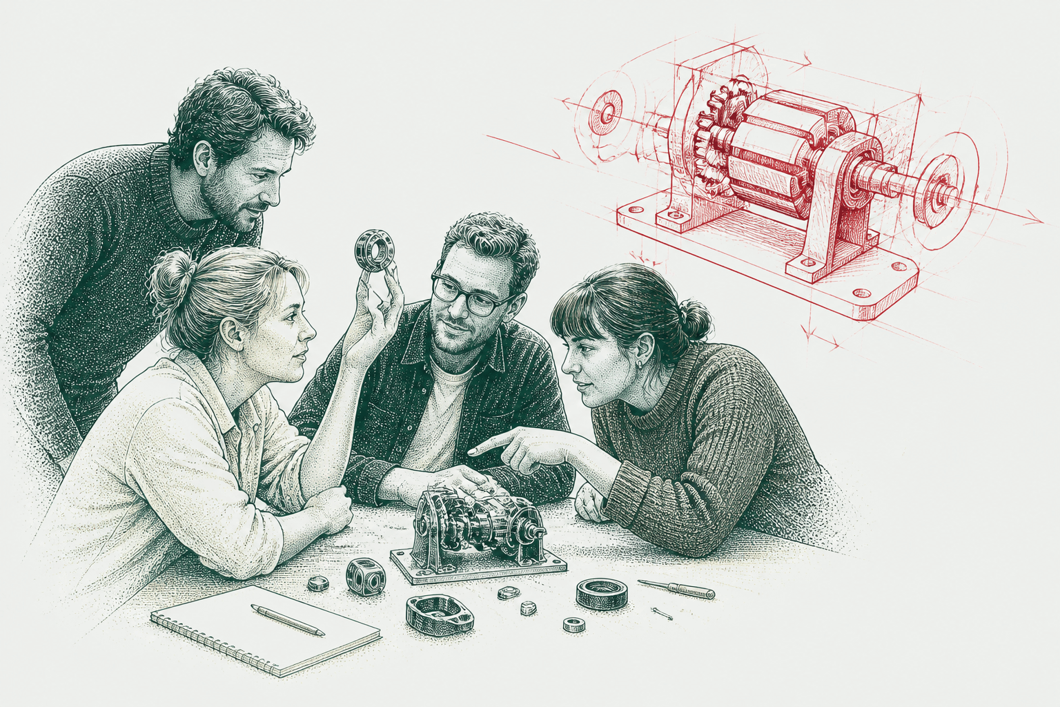 Ink drawing of a team examining a small broken model together with curiosity, beside a red sketch of the same team pointing at each other around a larger wreck