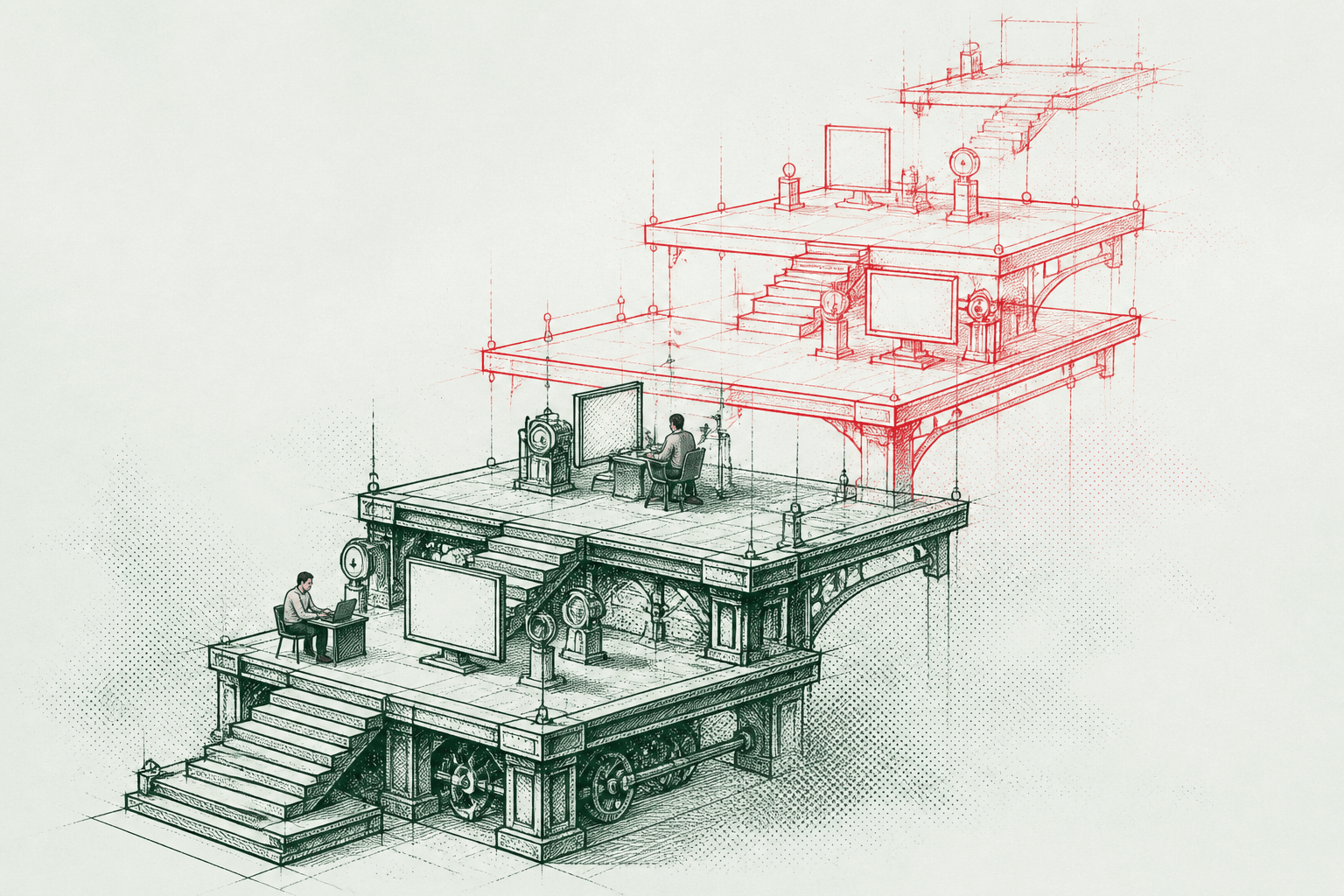 Ink drawing of ascending platforms, the built layers in green ink and the future layers sketched in red climbing into open space