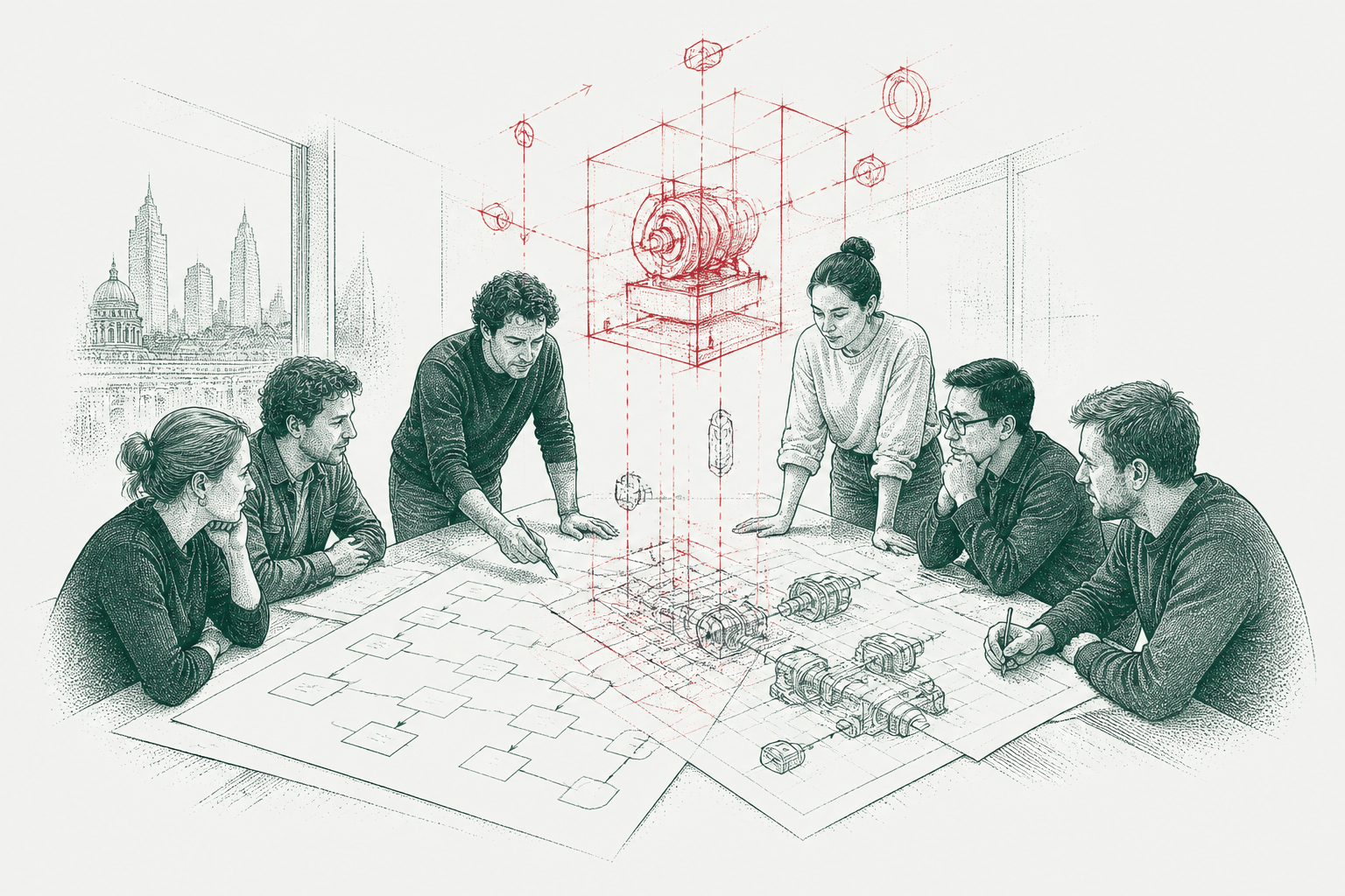 Ink drawing of two groups meeting where a business plan and an engineering drawing overlap on the table, with a red sketch of a single joined blueprint rising above them