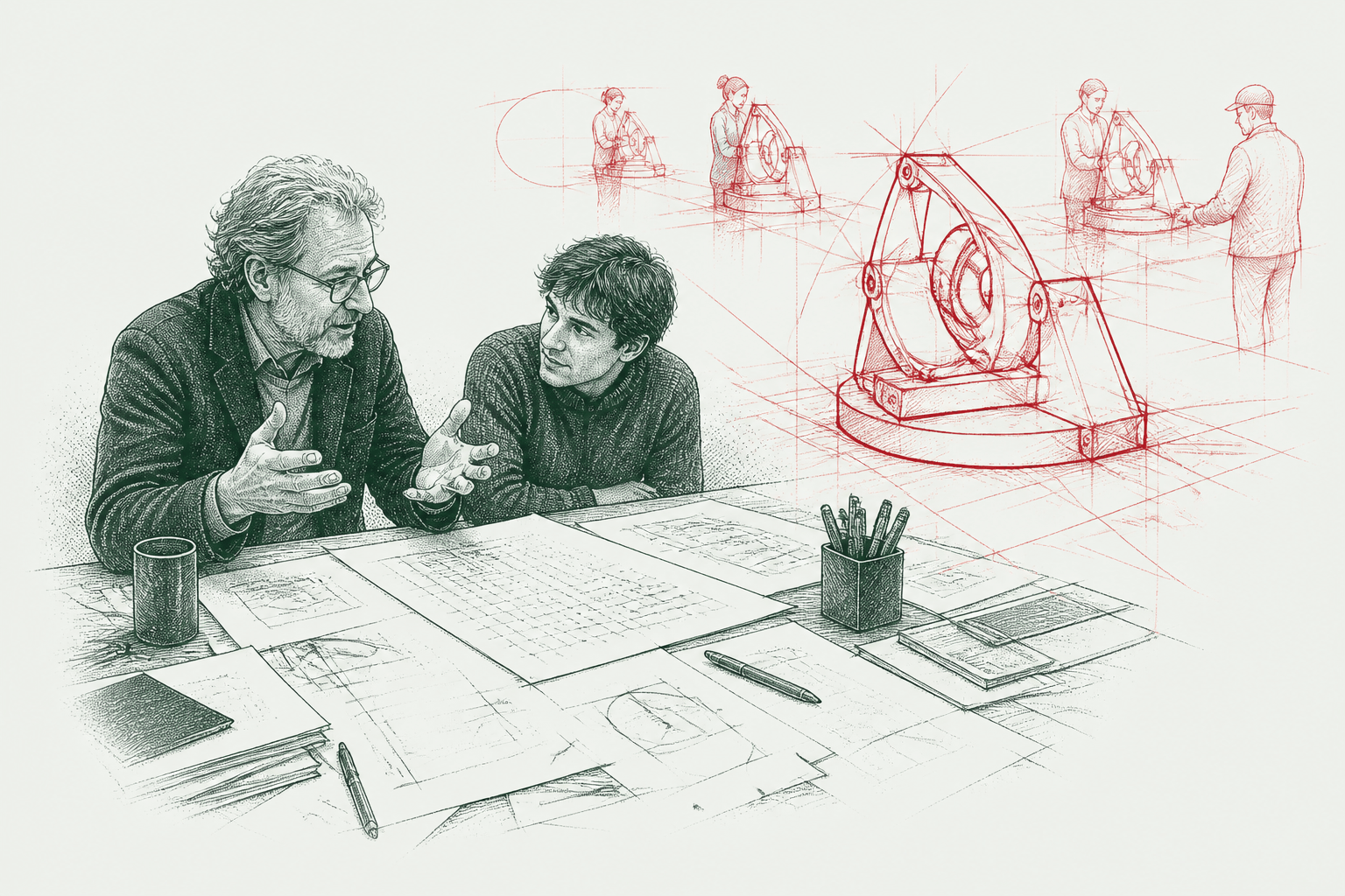 Ink drawing of an expert's tangled handwritten notes being drawn into a clean geometric instrument, with a red sketch of several people using the same instrument