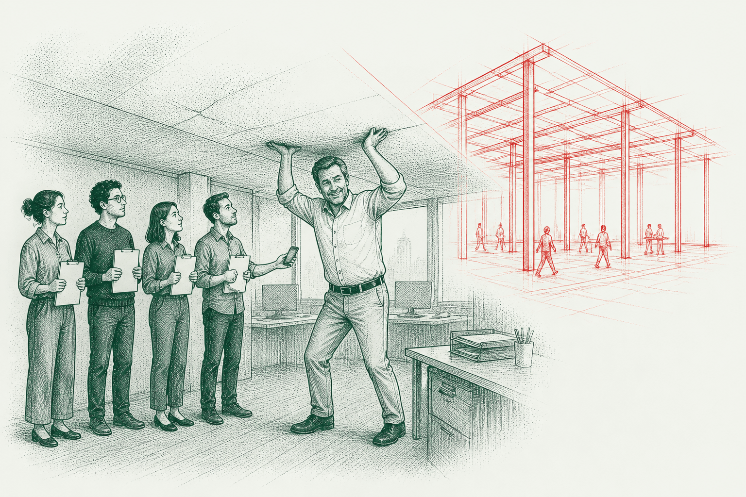 Ink cartoon of a business owner holding up a sagging ceiling while staff queue with papers, beside a red sketch of a structure that stands on its own