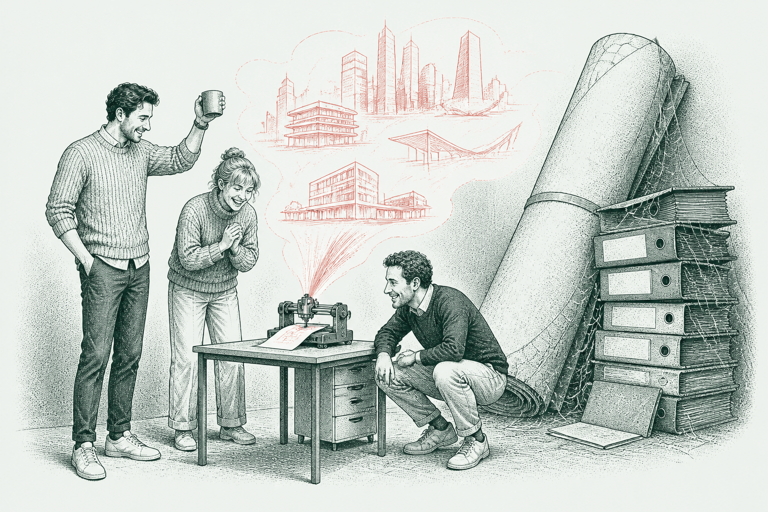 Ink cartoon of a team toasting a tiny working machine while an enormous dusty master plan leans forgotten in the corner