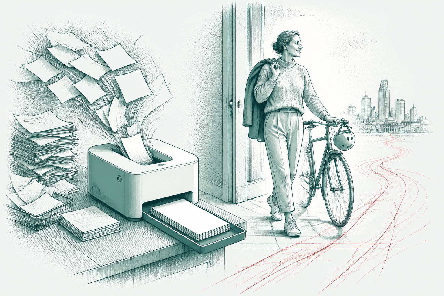 Ink drawing of a small machine tidying a flood of paperwork while a professional wheels her bike out the door in daylight