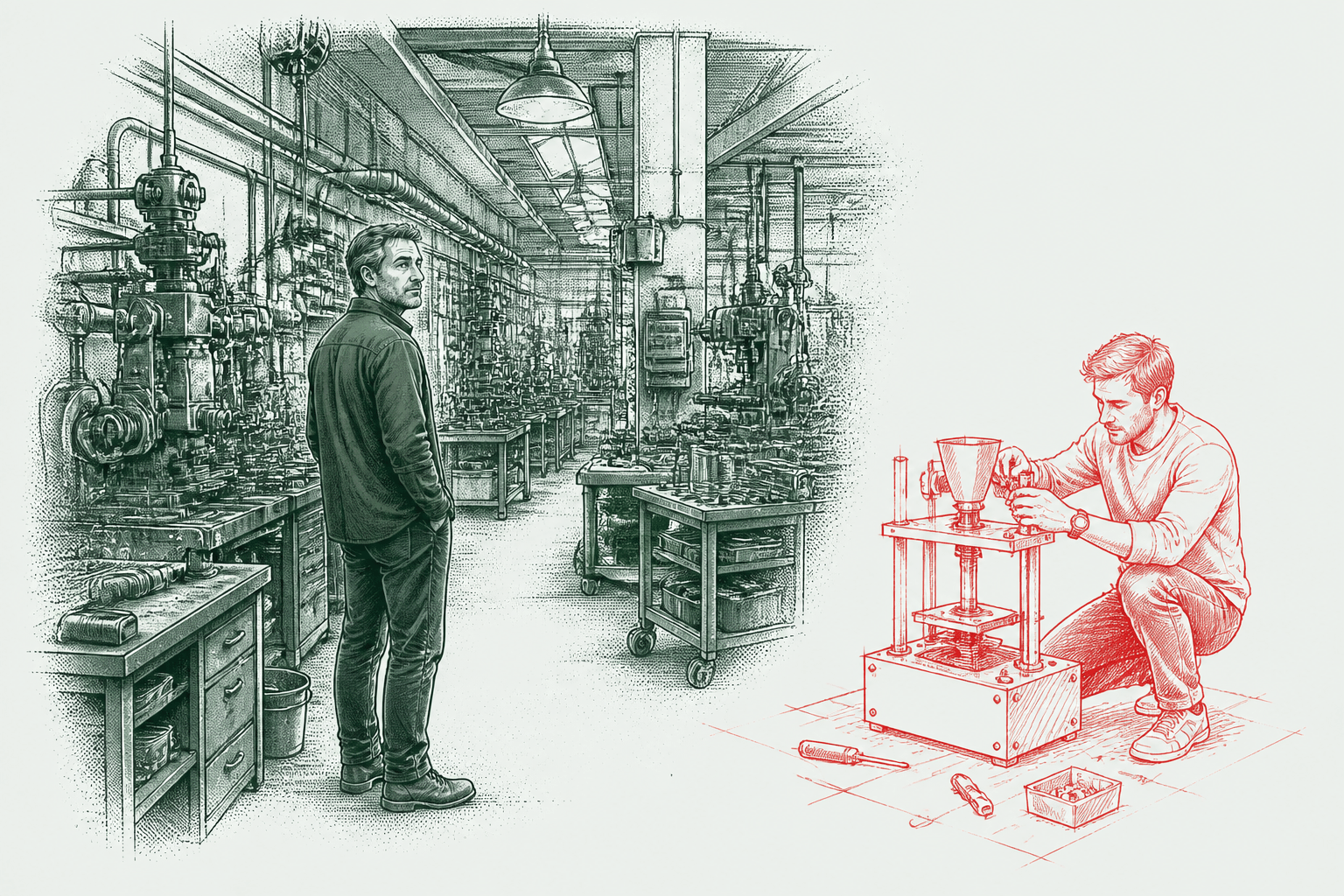 Ink drawing of a business owner studying their own crowded workshop while a red sketch shows a lean newcomer building a simpler machine beside it